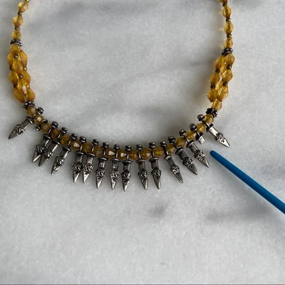VINTAGE β’ Bohemian Vamp Spiked Beaded Necklace Hippie Savage Yellow Silver Tone - Picture 5 of 8